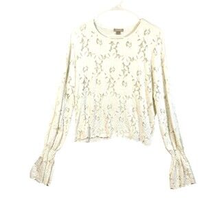 Beige Lace Ruffle Victorian Size L Long Sleeve Embroidery Stretch Top